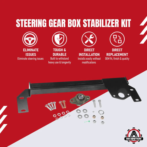 Ram Truck Steering Gear Box Stabilizer Kit With Dual Stabilizer Bar, Beats Death Wobble shown with installation hardware