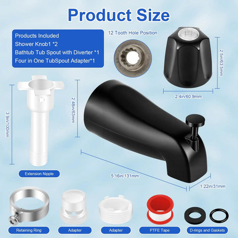 Two Piece Shower Knob Replacement Kit With Tub Spout And Two Handle Tub Shower Faucet Set Matte Black showing components and size