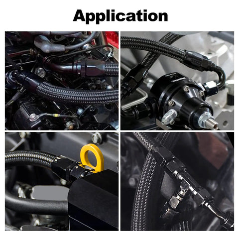 Application of 10AN 90 Degree Swivel Hose End Fitting for CPE Braided Hose Black 7/8-14 UNF Aluminum 6061-T6 in engine setup