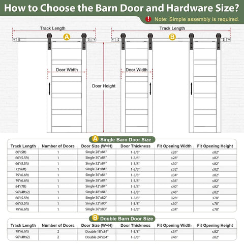 Diagram showing dimensions for choosing barn door and hardware size for single and double doors with specifications chart.