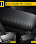 Center Console Cover For 2013 To 2018 Nissan Altima Armrest Leather Black With Black Stitching shown before and after installation