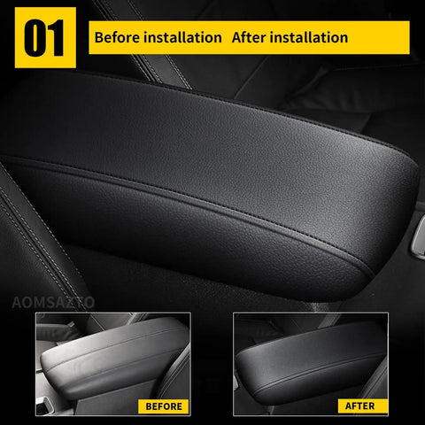 Center Console Cover For 2013 To 2018 Nissan Altima Armrest Leather Black With Black Stitching shown before and after installation