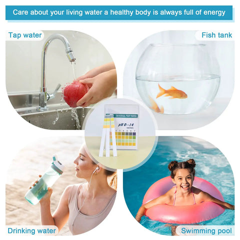 Various uses of All Purpose pH Test Strips 0 To 14, 100 Count Universal Litmus Paper for water testing, including tap and pool.