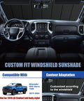 Custom Fit Windshield Sun Shade Straight Up Perfect For Chevy Silverado And GMC Sierra 1500 Trucks interior view showing windshield coverage 2019-2026.