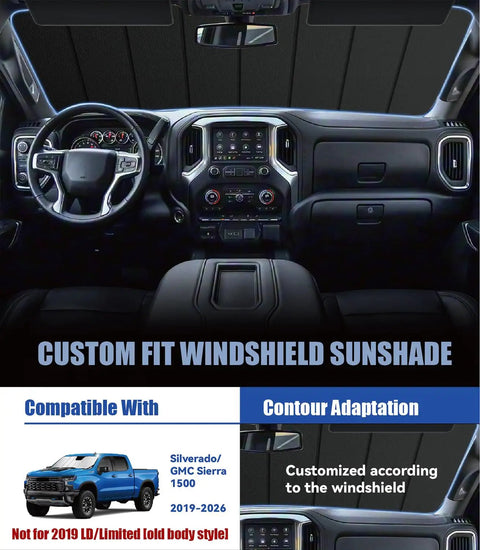 Custom Fit Windshield Sun Shade Straight Up Perfect For Chevy Silverado And GMC Sierra 1500 Trucks interior view showing windshield coverage 2019-2026.