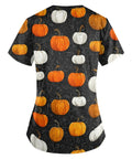 Back view of Plus Size Halloween Shirts For Women With Pockets Spooky Pumpkin Ghost Bat Witch Print Stretchy V Neck Tops Fade Resistant Graphic Tee