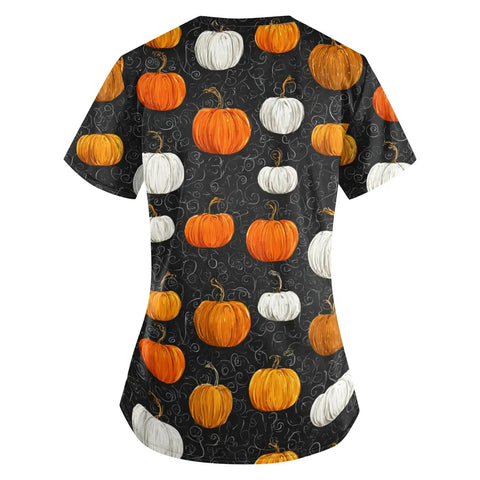 Back view of Plus Size Halloween Shirts For Women With Pockets Spooky Pumpkin Ghost Bat Witch Print Stretchy V Neck Tops Fade Resistant Graphic Tee