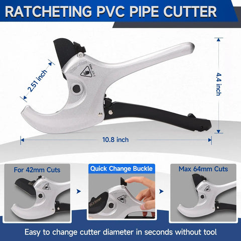 Heavy Duty One Hand Ratchet Pipe Cutter for PEX PVC and Plastic Hose Up to 2-1/2 Inch Aluminum Body with SK5 Blade on display