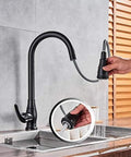 OGMOYT Matte Black Sensor Kitchen Faucet Sensitive Smart Touch Single Handle Mixer Tap with a sprayer in use.