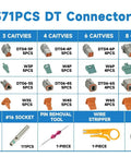 371 Piece Deutsch DT Connector Kit with crimping tool, removal tool, wedge locks, and 16 gauge solid contacts displayed.