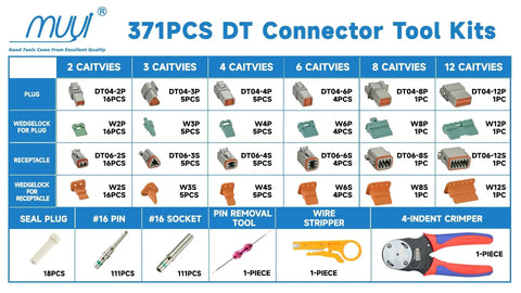 371 Piece Deutsch DT Connector Kit with crimping tool, removal tool, wedge locks, and 16 gauge solid contacts displayed.