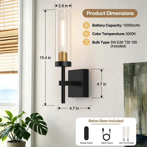 Plug And Play Wireless Wall Sconces With Smart Remote Control And Massive 10000Mah Battery Dimmable Rechargeable Lighting Set Of Two Sleek Black And Gold Fixtures dimensions with 15.4 in height