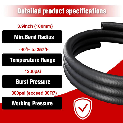 All In One Fuel Line Hose Kit For Gas And Diesel Systems Five Foot Set With Six ID Sizes And Twenty Clamps Made From Durable NBR Rubber Rated At 300 PSI showing specifications