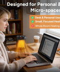 Woman using Ceramic Personal Space Heater For Office Desk And RV, Fast 3 Second Ceramic Instant Heat, cozy warmth at desk