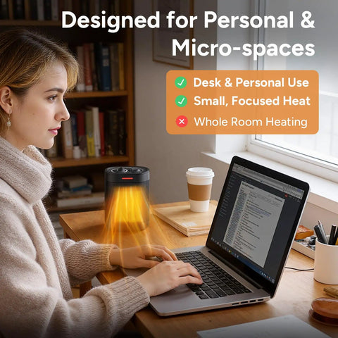 Woman using Ceramic Personal Space Heater For Office Desk And RV, Fast 3 Second Ceramic Instant Heat, cozy warmth at desk