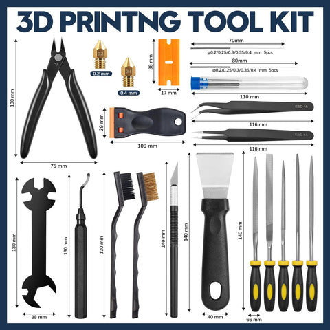 Front view of 46-piece 3D printer tool kit with black handles and yellow accents, includes scraper and nozzle cleaner.
