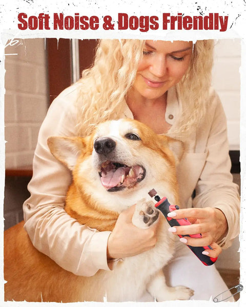 Woman using Cordless Rotary Tool 8V Handheld Grinder For Dog Nails And DIY Projects, 5 Speed Settings From 5,000 To 25,000 RPM, 60 Accessory Kit For Carving, Engraving, Sanding, Polishing And Cutting, Light Red on happy dog