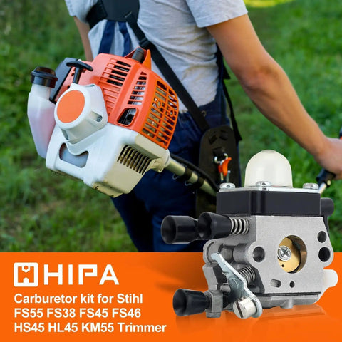Stihl Trimmer Carburetor Replacement Kit Fits Fs45 Fs38 Fs55R Fs46C Fs45C displayed next to orange trimmer in use outdoors