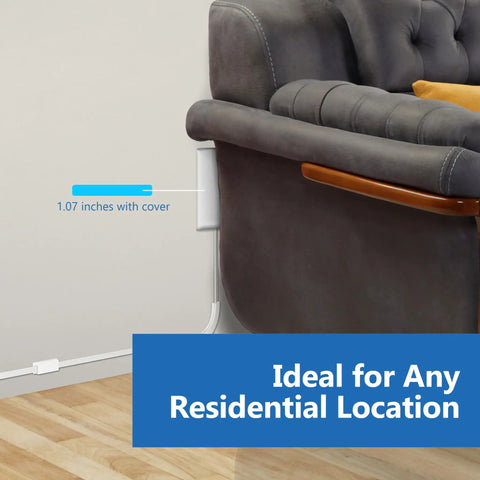 Slick Low Profile Flat Face Outlet Extender With Three Receptacles And Three Foot Power Cord Ultra Thin Build shown near sofa.