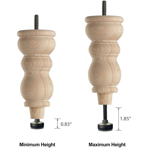 Wooden furniture legs with adjustable metal screw, shown at minimum and maximum height, labeled with height measurements.