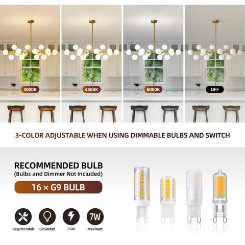 Mid Century Modern Sputnik Chandelier With 16 Lights Brushed Brass Arms And Frosted Milk Glass Shades For Kitchen Or Dining Room That Hits Different And Brings Major Vibes showing 3-color adjustable settings for ambiance.