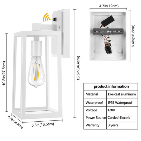 2 Pack Dusk To Dawn Outdoor Wall Sconces With Photocell Sensor Waterproof White Wall Mount Lanterns, dimensions and features shown.