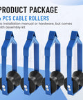 4 Pack Universal Cable Roller 3 Inch Diameter For Fiber Optic And Aerial Cables Workhorse Tool In Steel And Plastic Powder Coated Blue Built To Take On Tough Jobs At The Job Site, showing four cable rollers with a blue frame.