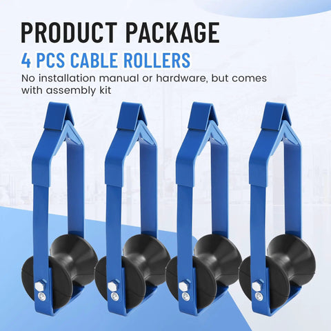 4 Pack Universal Cable Roller 3 Inch Diameter For Fiber Optic And Aerial Cables Workhorse Tool In Steel And Plastic Powder Coated Blue Built To Take On Tough Jobs At The Job Site, showing four cable rollers with a blue frame.