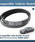 Top Grade Esttlamer Engine Serpentine Drive Belt Fits Honda Accord 2.4L V6 L4 Models 2008 Through 2012 DX EX And LX Trim Levels Replace Part No K070721 56992R40A01 in dark rubber showing compatibility.