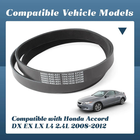 Top Grade Esttlamer Engine Serpentine Drive Belt Fits Honda Accord 2.4L V6 L4 Models 2008 Through 2012 DX EX And LX Trim Levels Replace Part No K070721 56992R40A01 in dark rubber showing compatibility.