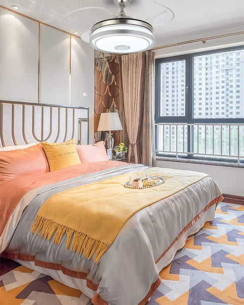 Retractable Ceiling Fan With Light And Bluetooth Speaker, Silent Motor LED Chandelier Style in modern bedroom.