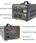 Front and back view of the 2000W Voltage Transformer 120V To 100V And 100V To 120V Step Up Down Power Converter For Japanese High Power Gear In The US With Dual 120V And 100V Sockets, showing sockets and switches.