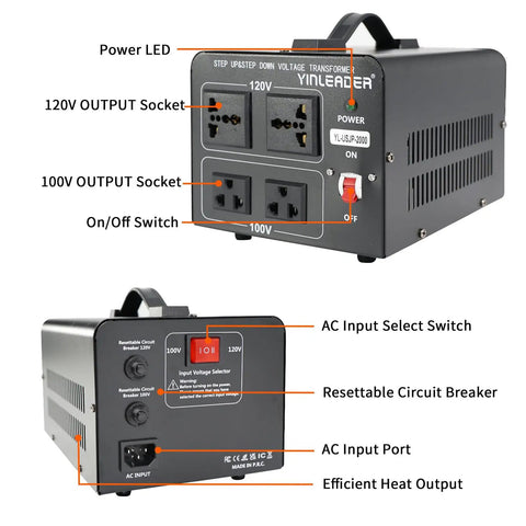 Front and back view of the 2000W Voltage Transformer 120V To 100V And 100V To 120V Step Up Down Power Converter For Japanese High Power Gear In The US With Dual 120V And 100V Sockets, showing sockets and switches.