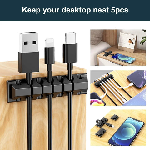 210 Piece Cable Management Kit For Desk And Office Use with cable clips organizing USB cords on wooden desk