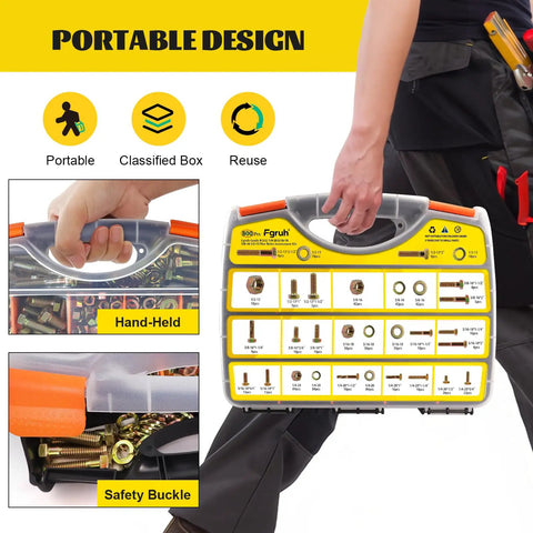 Kickass 800 Piece SAE Hex Bolt And Nut Assortment Kit With Lock Washers, portable design and hand-held carrying.