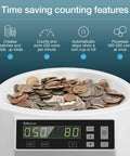 Fast USD Coin Counter And Sorter That Quickly Value Counts Mixed Denominations And Sorts By Denomination Continuous Money Counting Machine showing filled coin tray and digital display