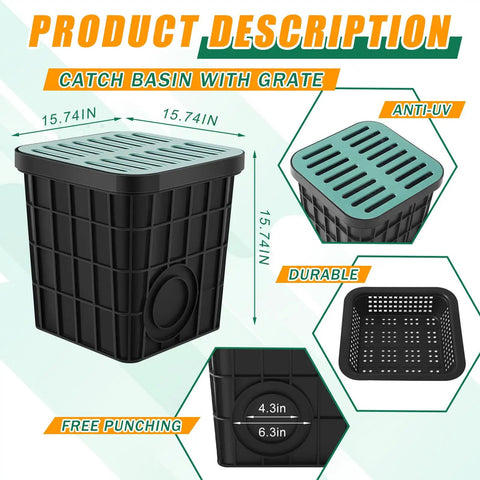 Heavy Duty Square Catch Basin Kit With Grate Debris Basket For Yard Drainage French Drains 15 By 15 By 15 Inches Ideal For Downspouts Lawn And Municipal Pipelines showing dimensions and features.
