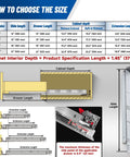 Diagram showing how to choose the size for undermount soft close drawer slides for 21 inch drawers with dimensions and installation guide.