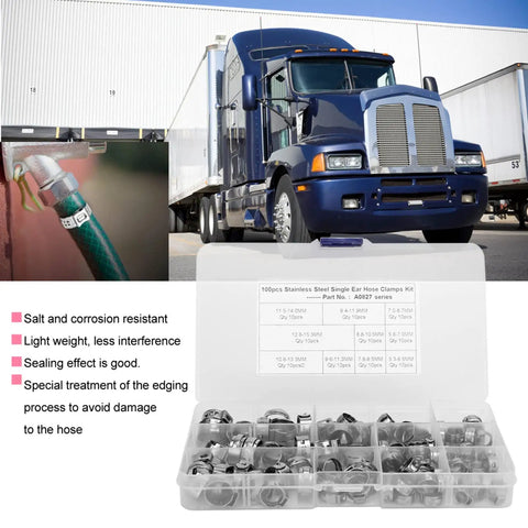Stainless Steel Single Ear Hose Clamp Kit With 100 Pieces Stepless Sealing Design For Tight Fits And Leaks Prevention Perfect For Cars And Engines. 100-piece stainless steel hose clamp kit for truck and car hose sealing