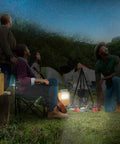Group of campers enjoying night under stars with Workhorse 20W Led Portable Work Light And Solar Flood Illuminator.
