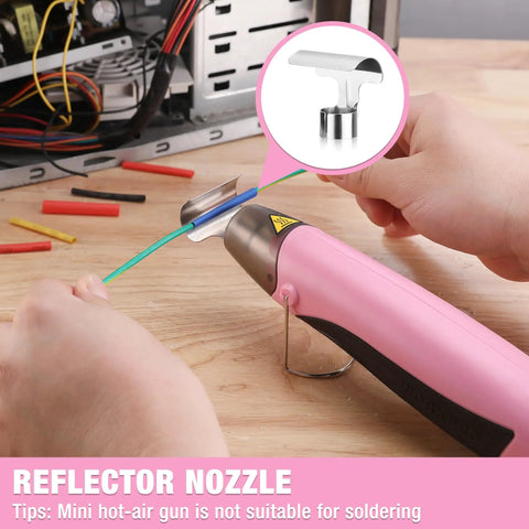 Dual Temperature 400W Mini Heat Gun With Reflector Nozzle 250C/450C in use for crafting, pink handle, close-up view