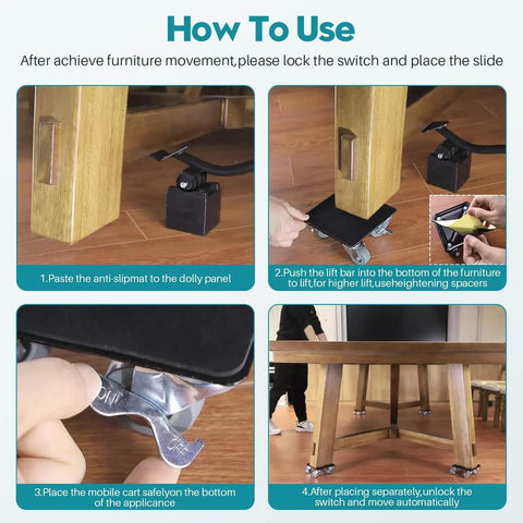 Upgrade To Pro Level Moving With FaHkns Large Furniture Dolly featuring 5 swivel wheels, showing usage steps for easy furniture lifting.