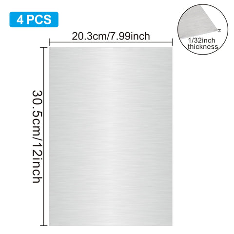 Front view of four brushed stainless steel sheets, 8x12 in, 0.8 mm thick (1/32 in) for crafting, kitchen, office.