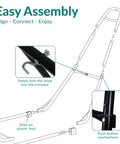 Illustration of Universal Outdoor Hammock Stand Heavy Duty 550 Pound Capacity with instructions for easy assembly, black color.