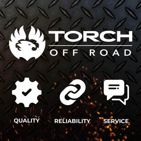 Torch Off Road logo with quality, reliability, service icons on textured black background