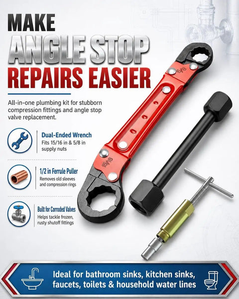 Knockout Compression Valve Removal Tool And Angle Stop Wrench Kit With Wall Protector Pads For Smooth Shutoff Valve Replacement, featuring dual-end wrench and ferrule puller.