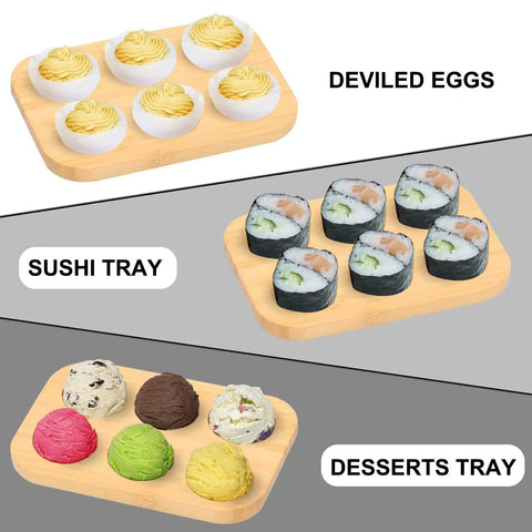 Organic Bamboo Deviled Egg Platter Featuring Six Secure Grid Wells For Fridge Storage And Kitchen Countertop Use with deviled eggs.