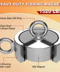 Double Sided 1320Lbs Neodymium Fishing Magnet Kit with stainless steel rings and nickel-plated shell, shown close-up.
