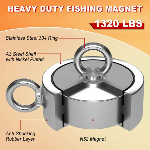 Double Sided 1320Lbs Neodymium Fishing Magnet Kit with stainless steel rings and nickel-plated shell, shown close-up.