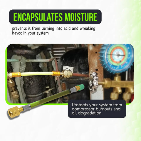 Leak Saver Direct Inject Ultimate 3-in-1 AC leak sealer connected to HVAC service port with yellow and green hoses